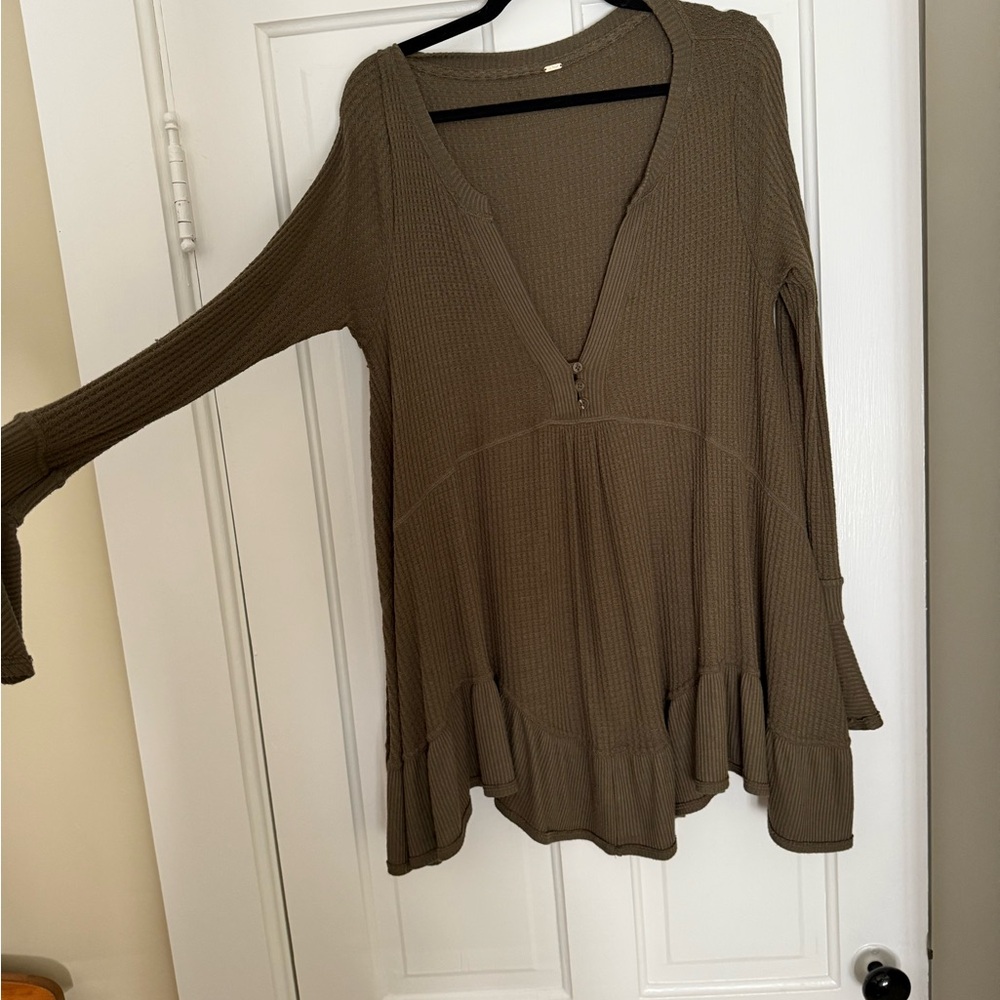 Free People Forest Green V-Neck Waffle Blouse